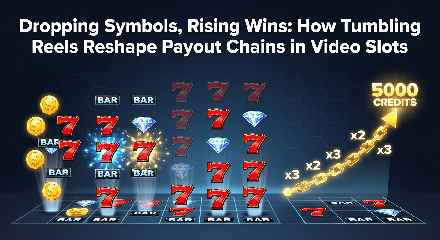 Dynamische Darstellung von tumbling Reels in einem Video Slot, bei der Symbole fallen und Gewinnketten explodieren