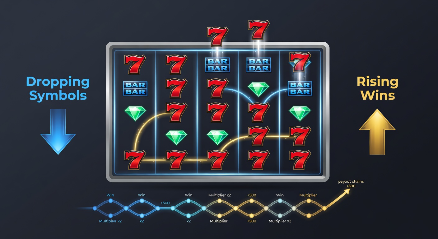 Nahaufnahme einer Tumbling-Reel-Sequenz mit fallenden Symbolen, Multiplikatoren und explodierenden Gewinnen in einem modernen Video Slot