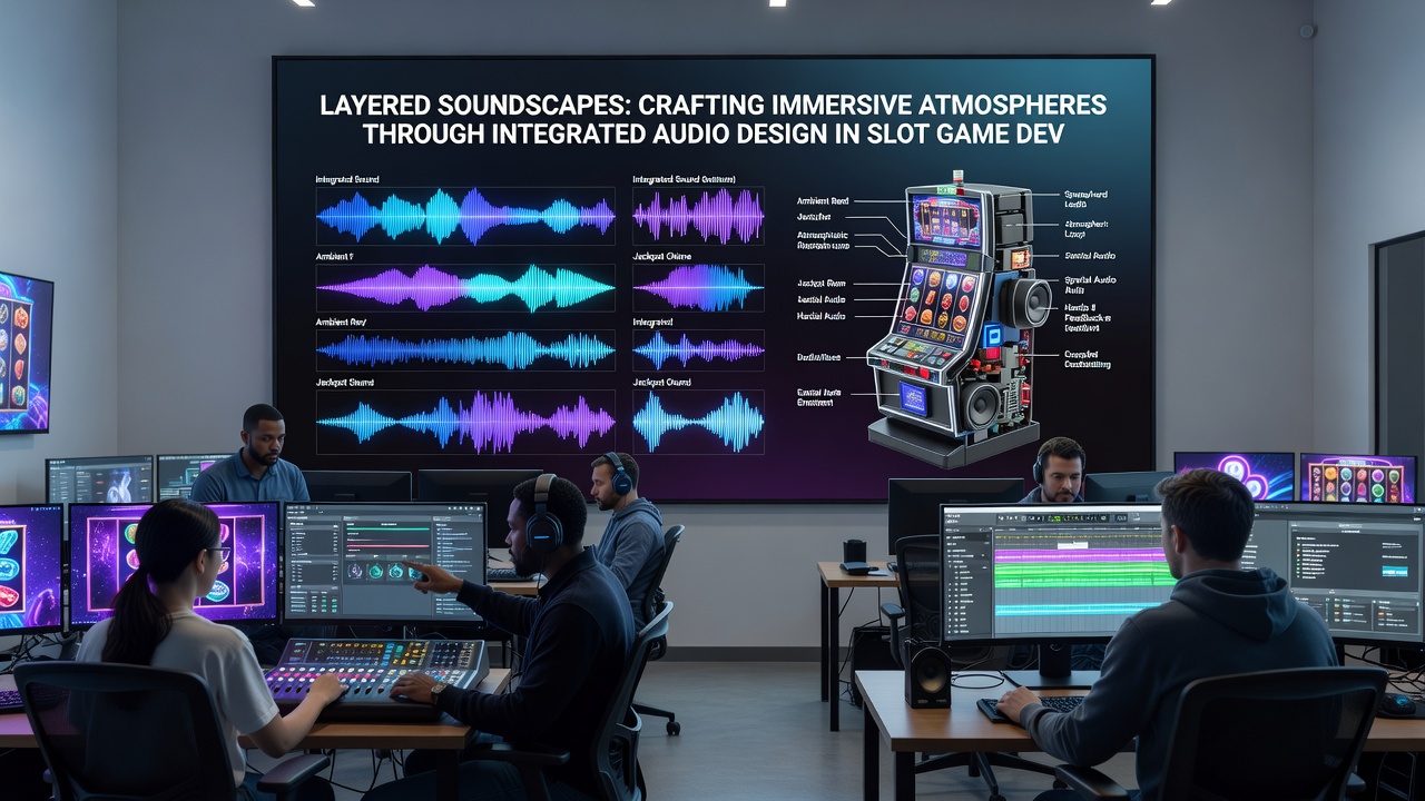 Technische Darstellung von Audio-Mixing-Panels und Schichten in einer Slot-Entwicklungssoftware
